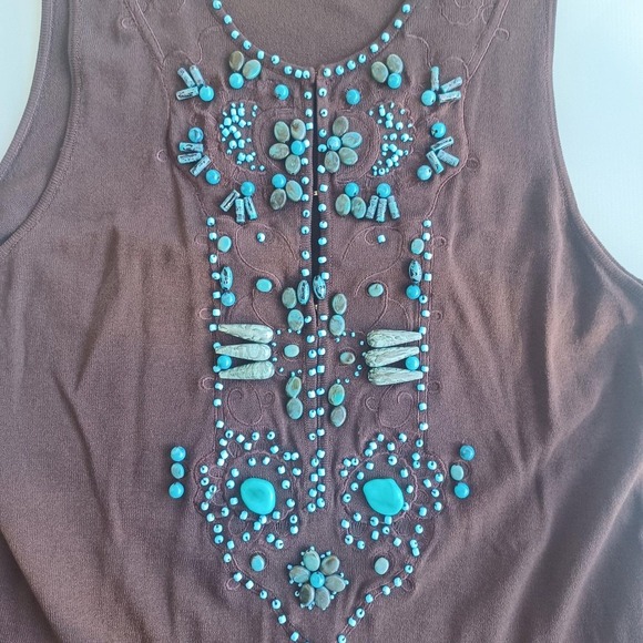 Dolce Cabo Womens M Dark Brown Turquoise Beaded Embellished Sleeveless Top 5708 - Picture 4 of 8
